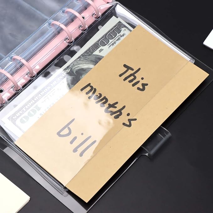 AxeWoodz 12pcs A6 Binder Pockets Clear PVC Double Side 2 Pockets Binder Pouches 6 Hole Zipperless Side Open Cash Envelopes for Bills Money Organizer