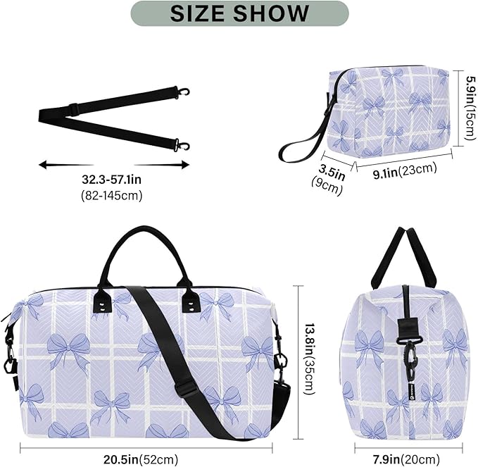 Travel Duffle Bag, Grid Background Purple Bow Pattern Gym Bag with Storage Bag Weekender Overnight Bag for Men Women Trip Sports Yoga
