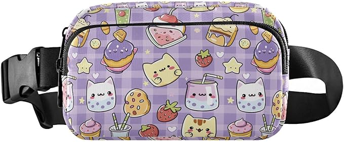 Kawaii Cat Bear Milk Cake Plaid Fanny Pack for Women Men Water Resistant Fashion Waist Packs with Adjustable Strap Belt Bag for Travel Workout Jogging Hiking 21219474