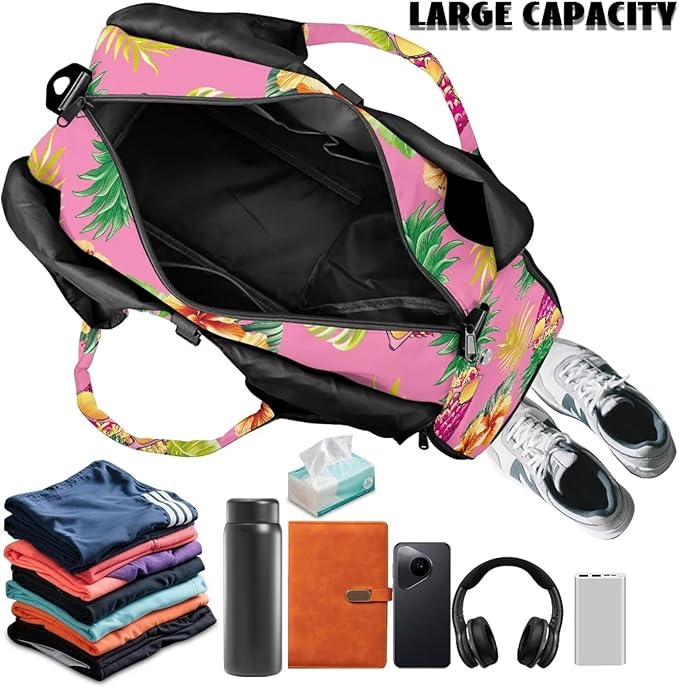 Gym Bag with Shoes Compartment, Pineapple Gym Bags for Women with Yoga Mat, Detachable Strap, Ventilated Lightweight Overnight Bag
