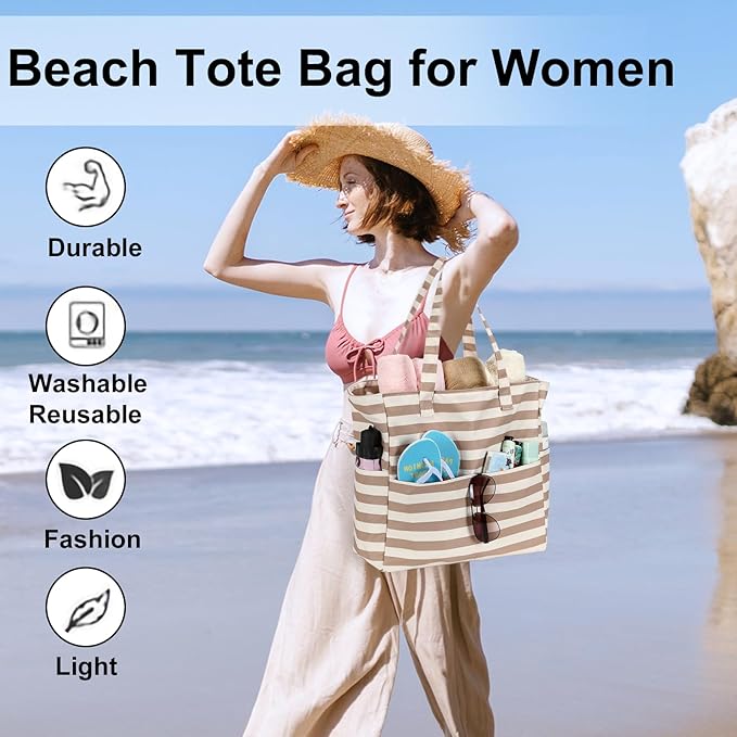 LEDAOU Large Beach Bag Women Waterproof Sandproof Zipper Beach Tote Pool Bag for Swim Gym Grocery Travel with Wet Pocket | Waterproof, Sandproof, Zipper, Pool, Gym, Grocery