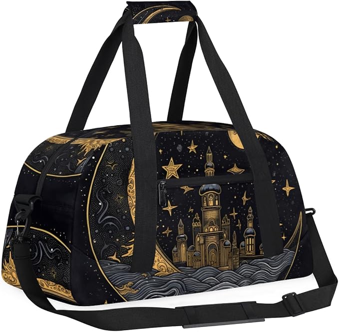 Golden Moon Star Gym Travel Duffle Bag for Women & Men with Front Zipper Pocket for Sports, Overnight, Weekender, Carry On,Workout & Dance Bag,Retro Moon,18.9 * 8.7 * 10.6 in