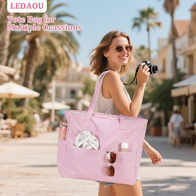 LEDAOU Large Beach Bag Women Waterproof Sandproof Zipper Beach Tote Pool Bag for Swim Gym Grocery Travel with Wet Pocket | Waterproof, Sandproof, Zipper, Pool, Gym, Grocery