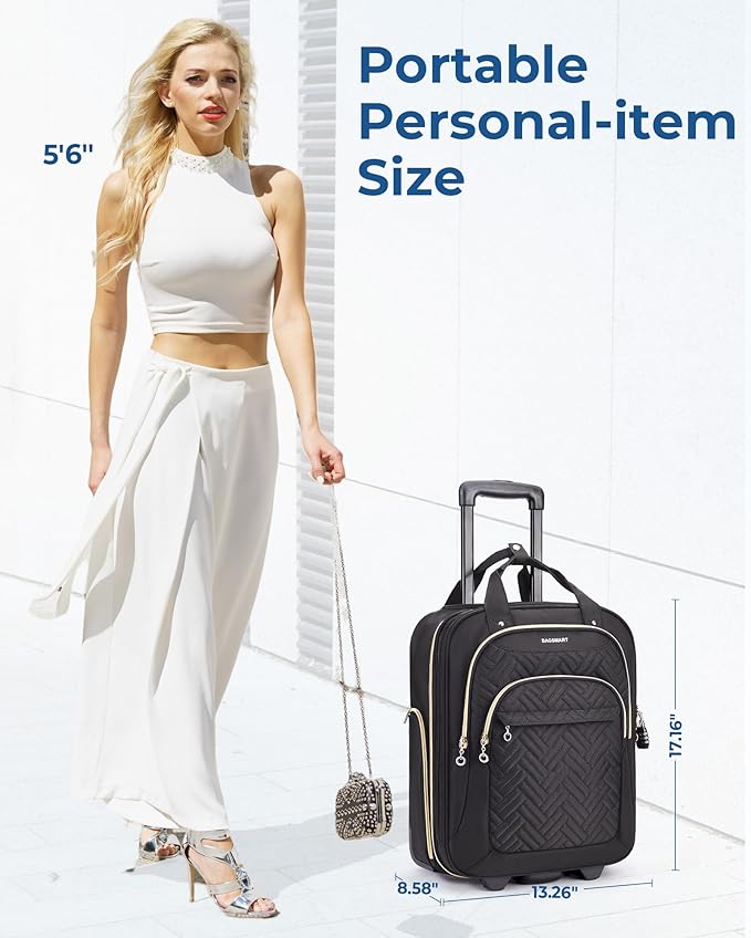 BAGSMART Underseat Carry On Luggage Airline approved,16-inch Small Underseater Softside Travel Suitcase with Wheels Lightweight Overnight Rolling Carry-on Luggage for Women Men Weekender,Black