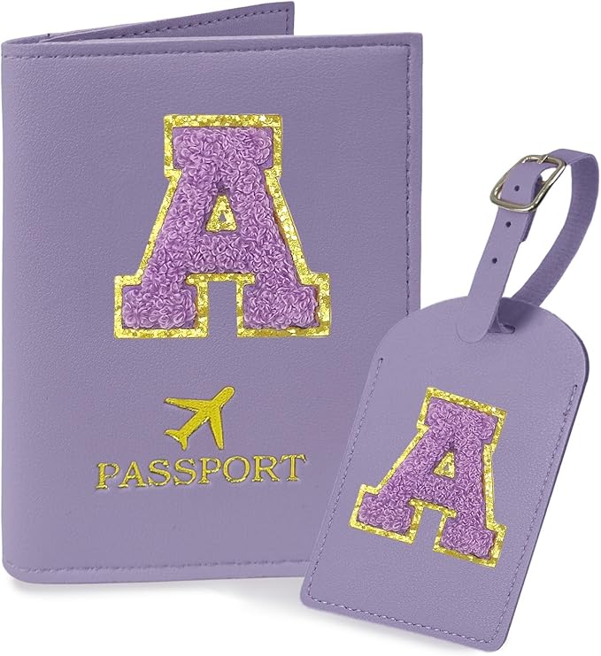 COSHAYSOO Initial Passport Cover Luggage Tag Set Letter Passport Holder Airplane Cruise Travel Essentials Vacation Traveling Accessories Personalized Gifts for Women Teen College Girls Purple A