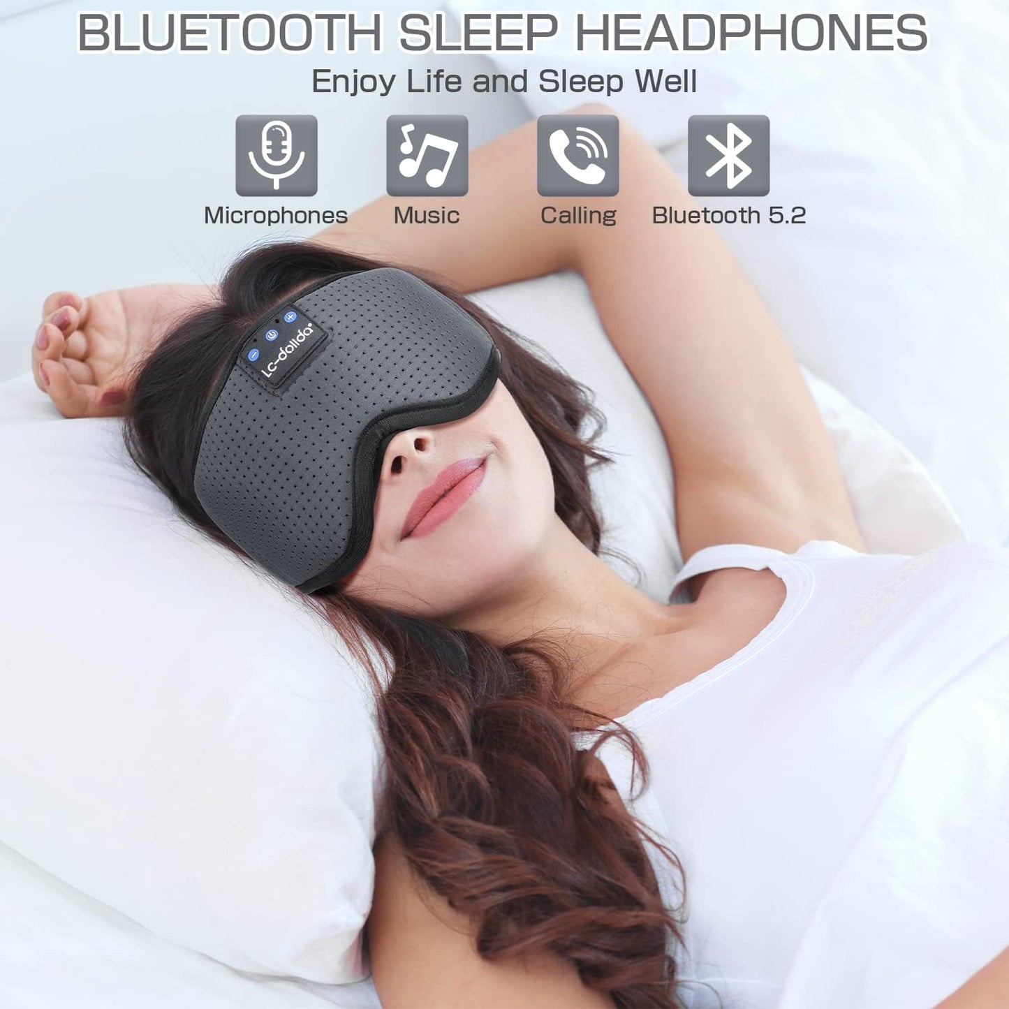 LC-dolida Sleep Headphones, Sleep Mask Bluetooth Wireless Music Eye Mask, Sleeping Headphones for Side Sleepers Sleep Mask with Bluetooth Headphones Ultra-Thin Stereo Speakers Perfect for Sleeping
