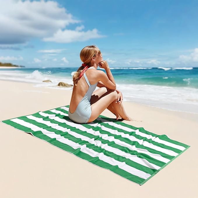 cabanana Large Oversized Beach Towel - 35 x 70 Inch Cotton Pool Towel, Green Striped Soft Cabana Swim Towel