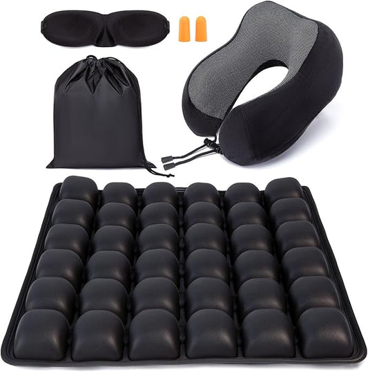 Travel mat - inflatable bubble design, used for car/office/airplane seat cushion, equipped with storage bags. Ergonomically designed 3D inflatable airbag, including neck pillow kit (Rectangle)