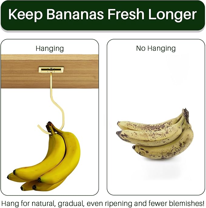 Adhesive Banana Hook Under Cabinet: 2-Pack Foldable Metal Banana Hanger, Space-Saving Under Counter Banana Holder for Kitchen & RV, Gold