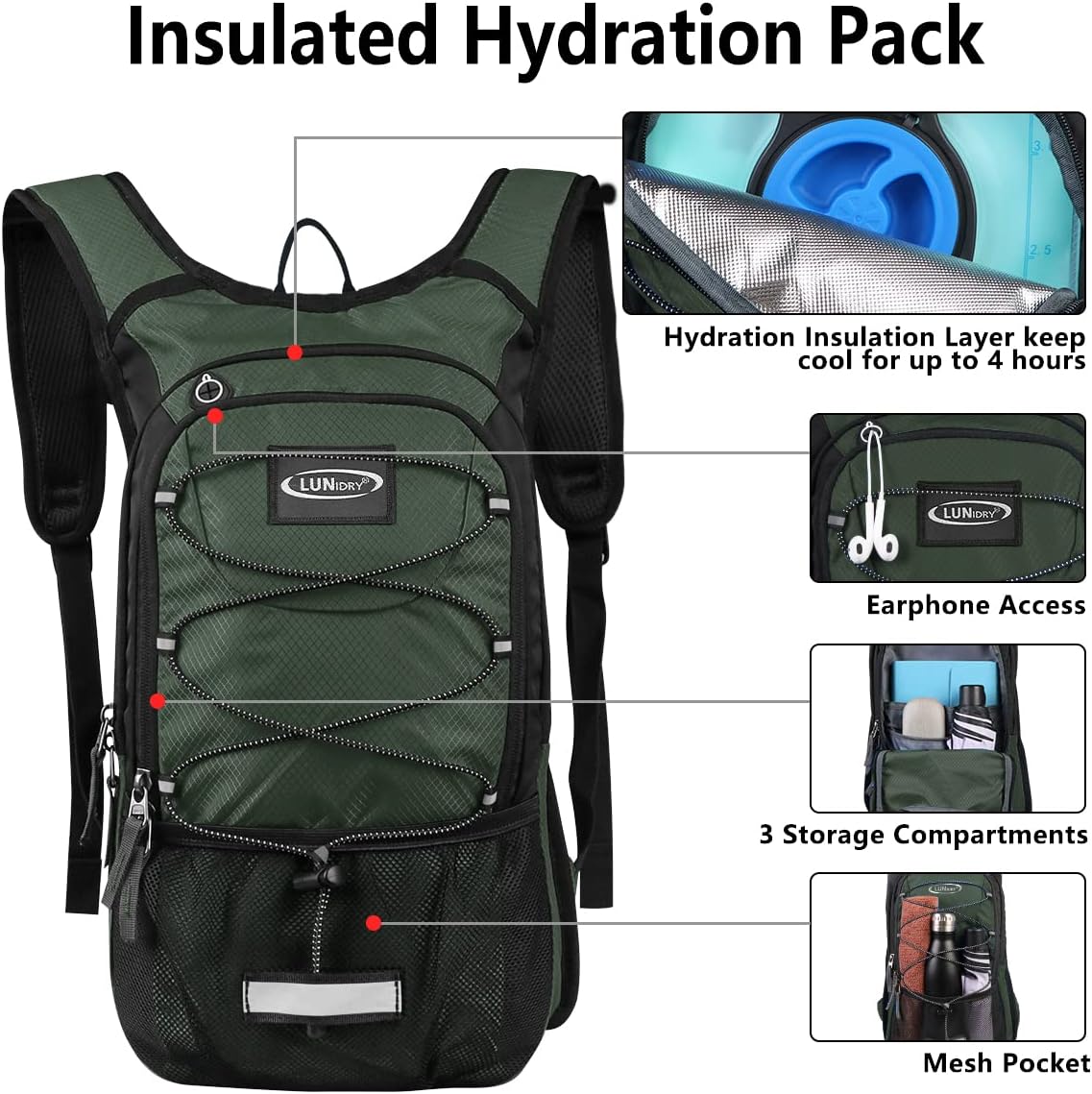 Insulated Hydration Pack Backpack with 3L BPA Free Leak-Proof Water Bladder, Keep Liquids Cool for Up to 5 Hours, Daypack for Hiking, Running, Cycling, Hunting, Climbing