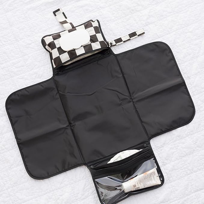 Tiny Twinkle Portable Diaper Changing Pad | Waterproof, Wipeable & Compact Baby Changing Pad for Travel | Smart Wipes Pocket & Organized Storage| Newborn Shower Gift (Black Checkers)