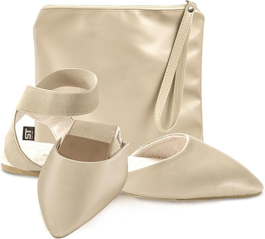 Silky Toes Foldable Flats for Women | Ankle Strap Dress Shoes with Purse for Weddings, Events, & Parties