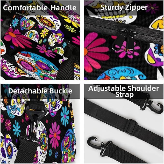 Gym Bag for Women Men, Floral Sugar Skulls Travel Duffle Bags for Dance Ballet Overnight, Carry-On Weekender Bag with Detachable Shoulder Strap