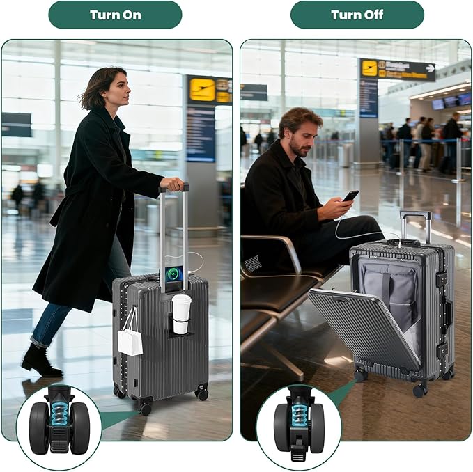20 Inch Aluminum Frame Carry On Luggage with Front Pocket, USB Port, Phone Holder & Cup Holder, Hard Shell Spinner Suitcase for Airplane Travel, Grey