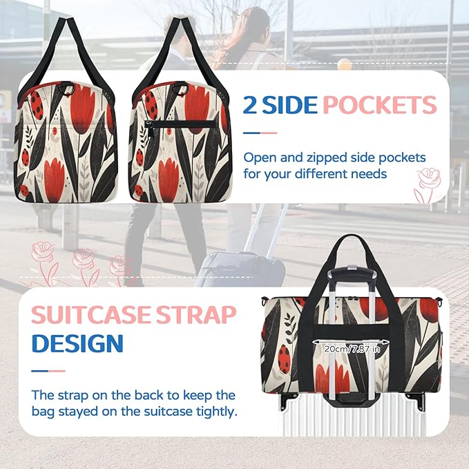 Red Flowers Ladybugs Travel Duffle Bag for Men Women, Lightweight Sport Gym Bag Tote Overnight Weekender Carry on Tote