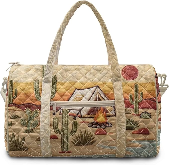COEQINE Cactus Quilted Gym Bag For Women Sport Quilted Tote Bag For Women Brown Desert Cactus Camper Large Car Themed Crossbody Bags for Women,Shoulder Bag with Detachable Strap