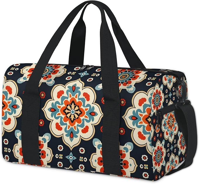 Beige Floral Overnight Travel Bag Unisex Dark Blue Carry-On Size Tote Bag Suitable for Travel Duffle Gym Sports