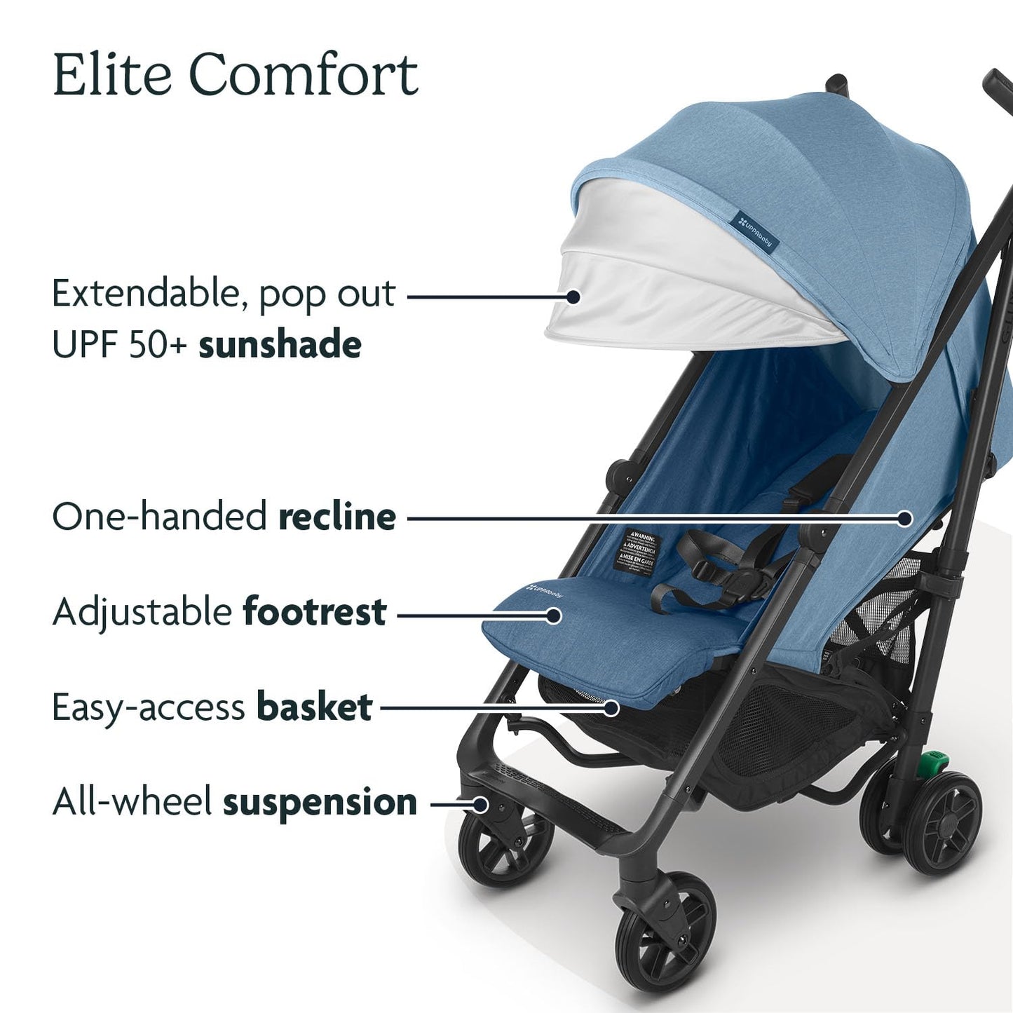UPPAbaby G-Luxe Umbrella Stroller/Lightweight Design for Easy Travel/One-Step Fold + Recline/XL Basket + Canopy/Cup Holder Included/Charlotte (Coast Blue Mélange/Carbon Frame)