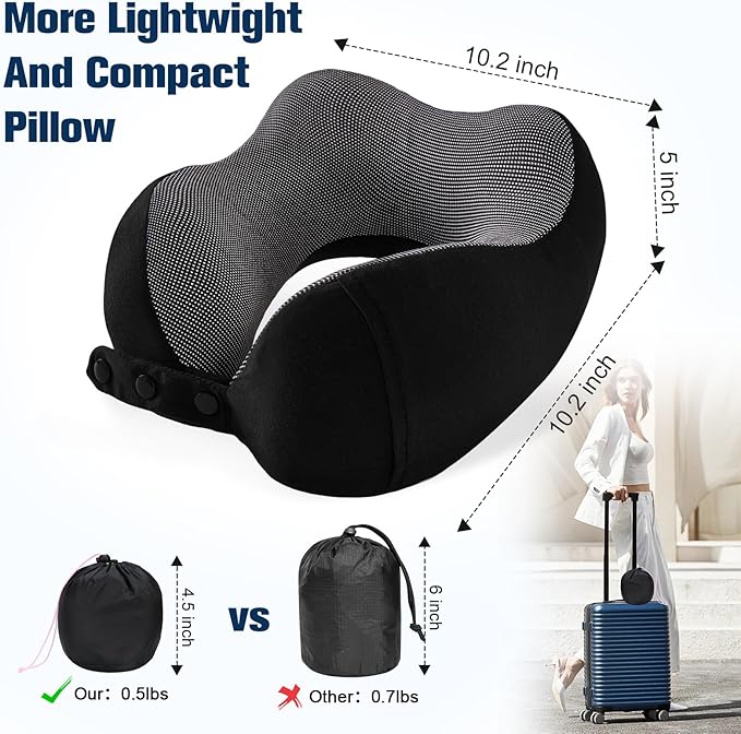 Neck Pillow for Traveling, Travel Pillows for Airplanes,100% Pure Memory Foam Travel Neck Pillow, Adjustable Flight Pillow, Portable Plane Accessories with Eye Mask, Earplugs, Carry Bag