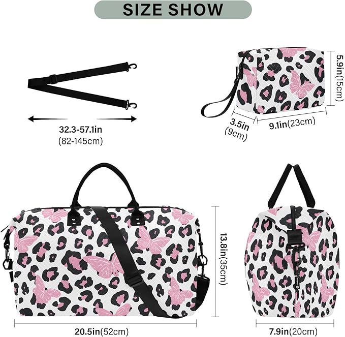 Travel Duffle Bag, Leopard Butterfly Gym Bag with Storage Bag Weekender Overnight Bag for Men Women Trip Sports Yoga