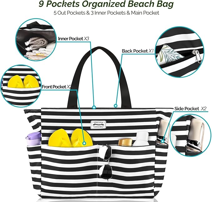 HOMESPON Large Waterproof Beach Bag for Women Sandproof Tote Bag Pool Bag with Zipper and Pockets for Travel Vacation Gym