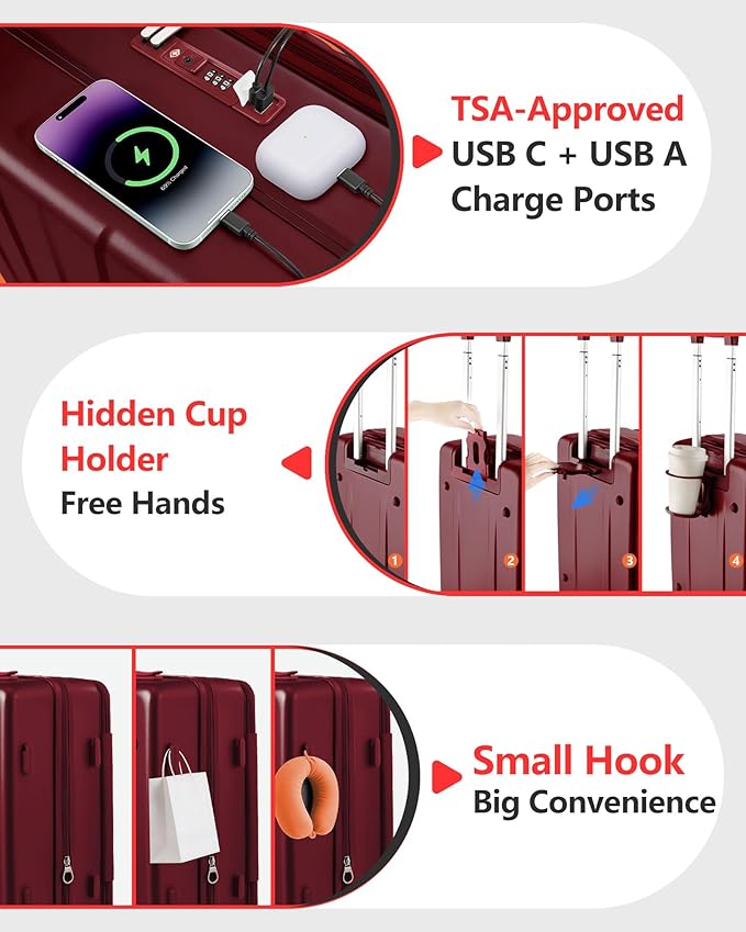 Expandable 20Inch Carry On Luggage Airline Approved - Top Opening Hardside Travel Suitcase Unbreakable -with Cup Holder,USB Charge,Side Pothook, 360°Spinner Wheels, TSA Lock-Wine Red