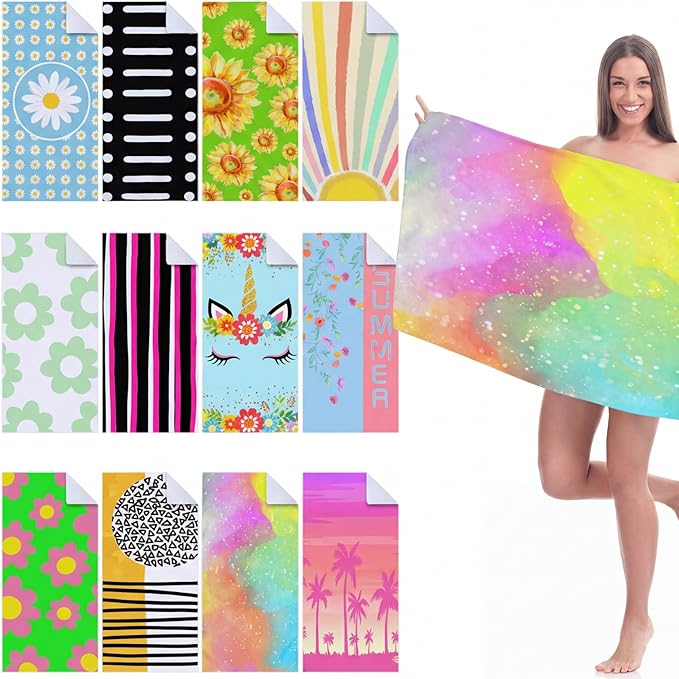Newwiee 12 Pieces Microfiber Beach Towel Set Quick Dry 59 x 27.5 Inch Lightweight Bulk Colorful Soft Absorbent Pool Towel for Adults Travel Beach Swimming Supplies(Blue Unicorn)