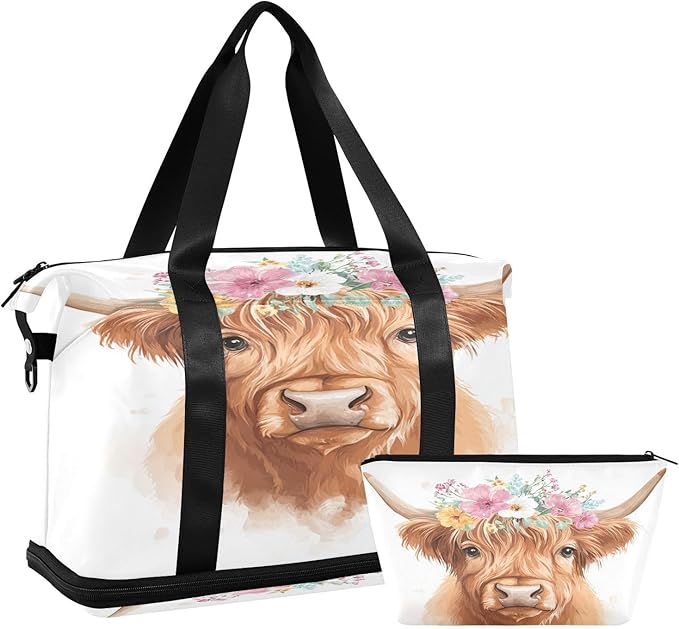 Travel Duffel Bags for Women Cute Highland Cow with Flower Crown Print Sports Duffel Bags Gym Bags with Shoes Compartment Tote Bag Weekender Bag for Travelling