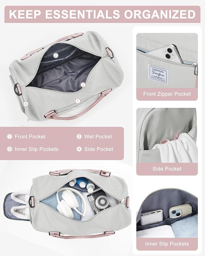 Gym Bag Womens Mens with Shoes Compartment and Wet Pocket Travel Duffel Bag for Women for Plane Sport Gym Tote Bags with Toiletry Bag Waterproof Weekend Overnight Carry on Bag Hospital Holdalls
