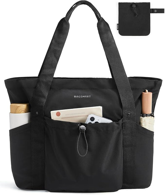 BAGSMART Foldable Tote Bag with Drawstring Bag, Large Tote Bag Shoulder Bag Top Handle Handbag for Travel, Work, Beach, Gym