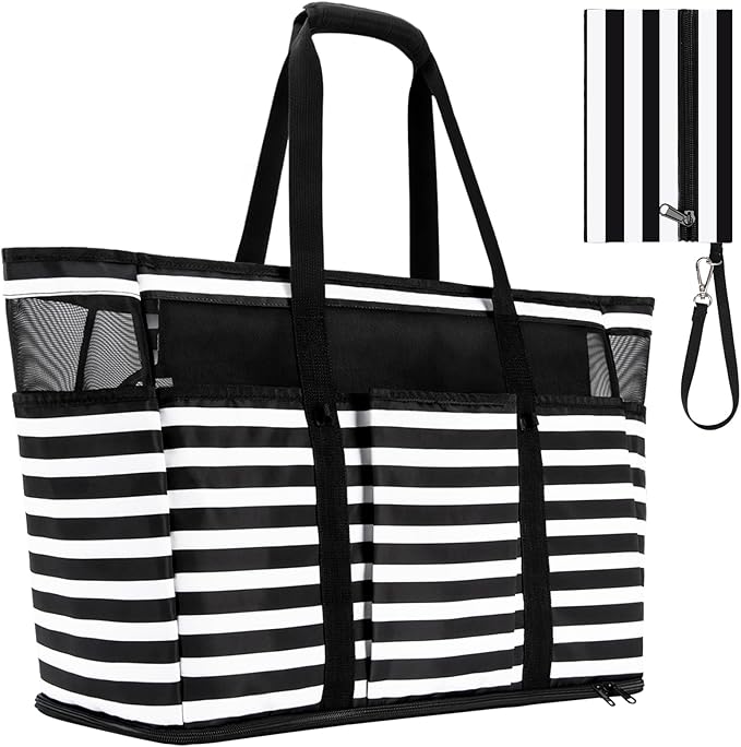 Large Beach Bag with Zipper, 12 Pockets Waterproof Sandproof Pool Bag Womens Mesh Beach Tote Bag for Travel Vacation
