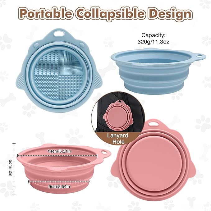Collapsible Dog Bowls 2 Pack, Silicone Dog Bowl for Small Dogs, Dog Travel Bowl with a Lanyard Hole, Puppy Bowls for Water and Food, Travel Pet Bowls Blue & Pink, 11.3oz × 2