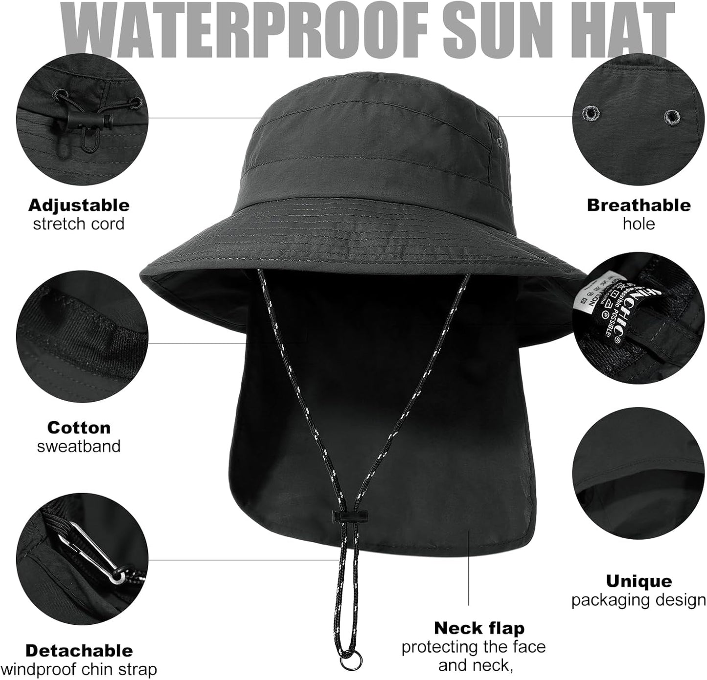 Water-Resistant Sun UPF 50+ Bucket Hat Protection Packable Brimmed Boonie for Women Men Summer Lightweight Hiking Outdoor Cap
