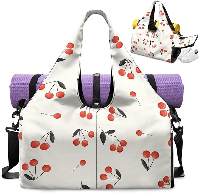 Waterproof Womens Duffle Bag with Pockets, Double Zipper, Cherry Gym Bag with Shoe Compartment, Overnight Bag with Yoga Mat Holder Gift for Anniversary