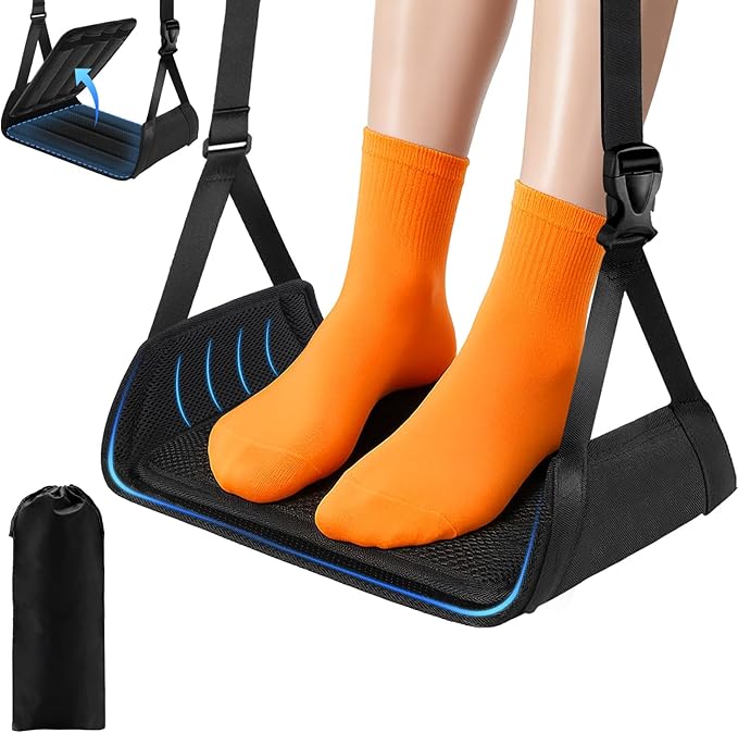 Airplane Foot Rest - Lightweight Foot Hammock for Plane Travel with Adjustable Strap & Thick Board, Tray Table Under Desk Footrest to Relax Feet, Travel Essentials for Long Flights(Black)
