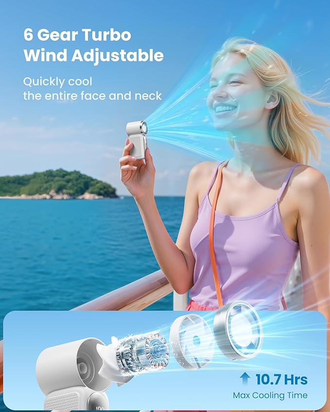 Gaiatop Portable Handheld Mini Fan, 6 Speeds 16900 RPM High Velocity Personal Fan with LED Display, USB Rechargeable, Mini Fan with Lanyard for Makeup, Travel, Outdoor Fan for Women Girl Gift, White
