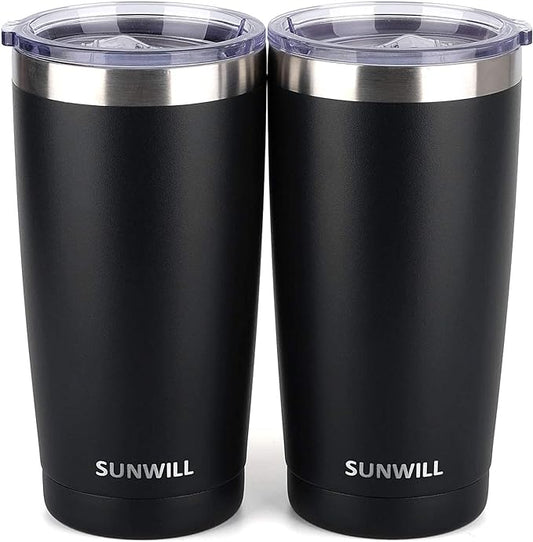 SUNWILL Travel Coffee Mug with Lid, 20 oz Tumbler Set of 2, Insulated Stainless Steel Cup for Water, Tea, Ice, Powder Coated Black 2 pack