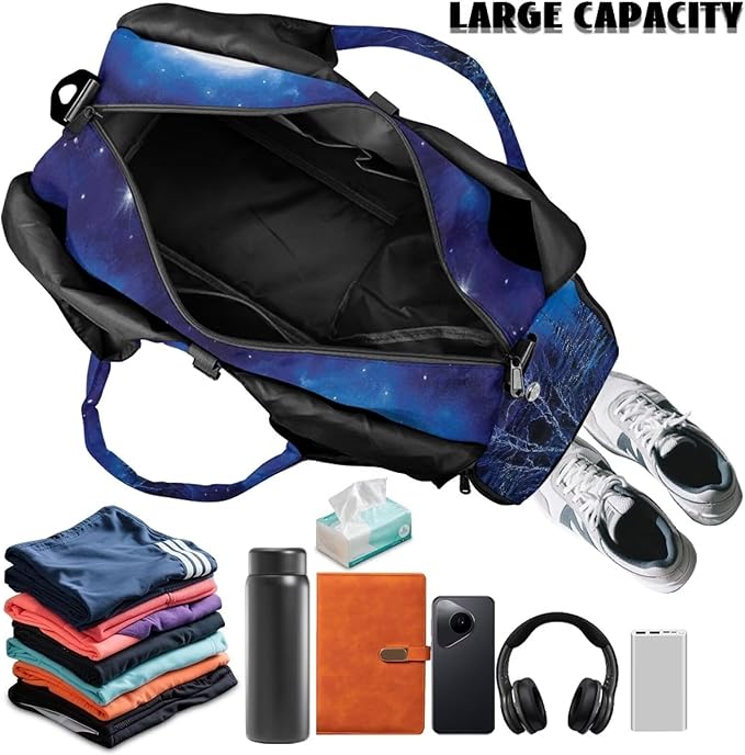 Large Capacity Wolf Gym Bag for Men with Shoe Compartment and Yoga Mats Holder Portable Blue Wolf Moon Duffel Bag with Zipper Pockets Workout Fitness Sports Tote Bag with Shoulder Strap