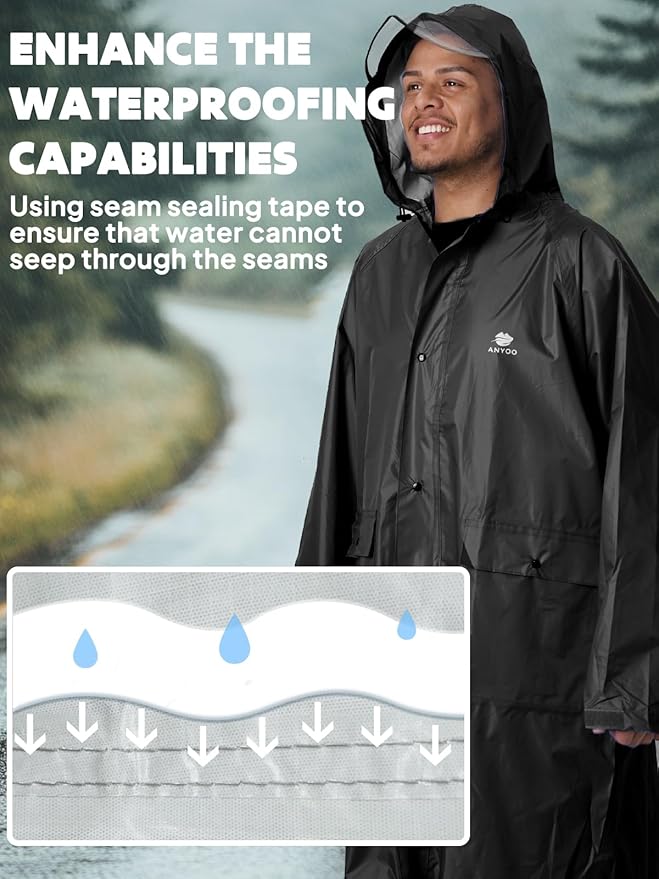 ANYOO Waterproof Rain Jacket for Men Women Lightweight Long Sleeve Raincoat with Hood Emergency Rain Poncho Adults for Hiking