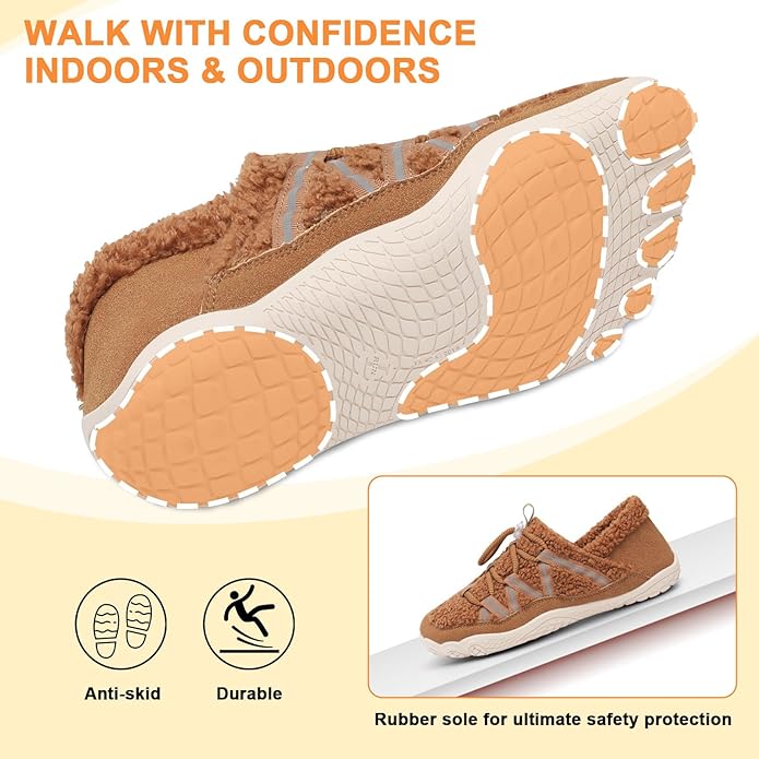 relxfeet Women's Wide Width Slippers Cozy Furry Barefoot House Shoes with Adjustable Fit Non-Slip Indoor Outdoor Slippers for Diabetic Bunion Swollen Feet Friendly