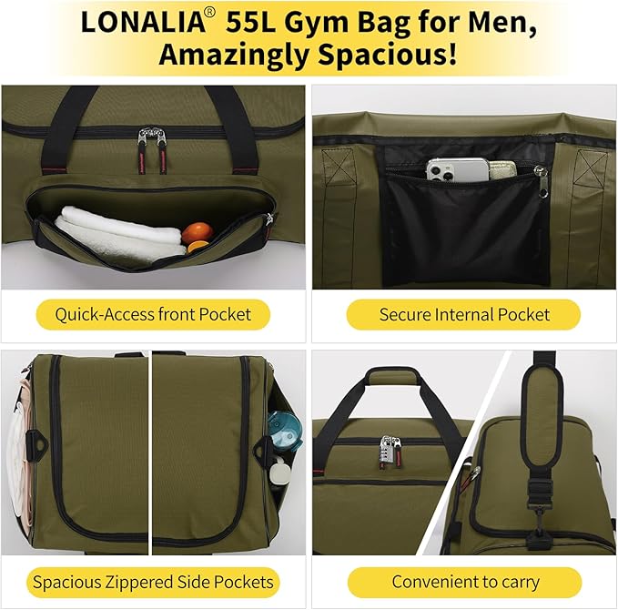 55L Large Sports Duffle Bag for Men - 22 Inch Heavy Duty Gym Duffel Bag (Olive Green)