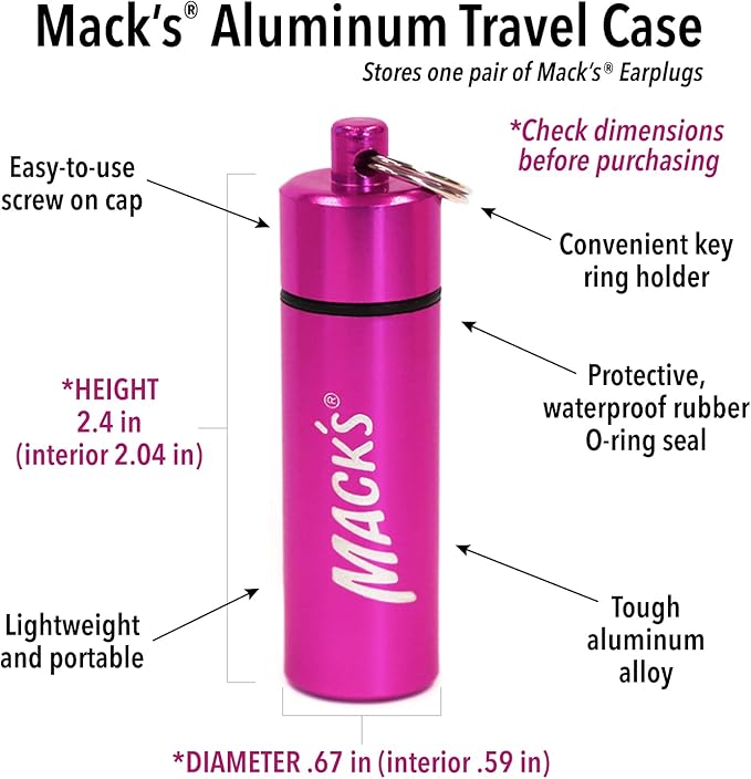 Mack's Keychain Carrying Case, Aluminum, Waterproof Ear Plugs Holder – 2 Pack (Pink)