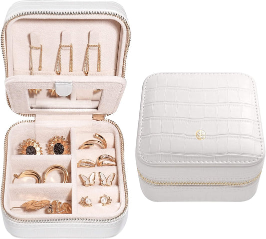 S.Leaf Travel Jewelry Organizer Travel Jewelry Boxes for Women Small Jewelry Travel Case Box Portable Travel Jewelry Case Travel Case Mini Jewelry (10_Pattern_Crocodile_White)