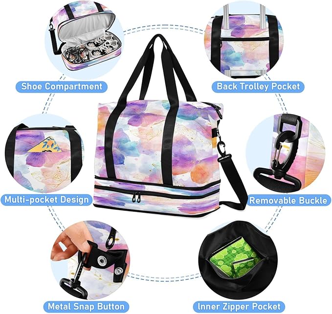 Travel Duffel Bags for Women Soft Watercolor Butterfly Sports Duffel Bags Gym Bags with Shoes Compartment Tote Bag Weekender Bag for Travelling