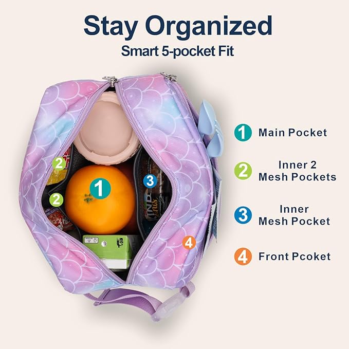 Bagseri Kids Snack Bag Girls - Small Reusable Mini Cooler Pouch, Insulated 3.9L Food Carrier with Buckle Handle for School and Daycare, Fits in Backpack, Glitter Mermaid Scale