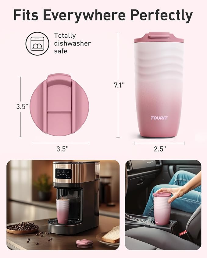 TOURIT 16 oz Travel Coffee Mug, Insulated Stainless Steel Travel Mug with Lid, Leak-Proof Double-Wall Vacuum Tumbler, Reusable Coffee Cup - Dark brown