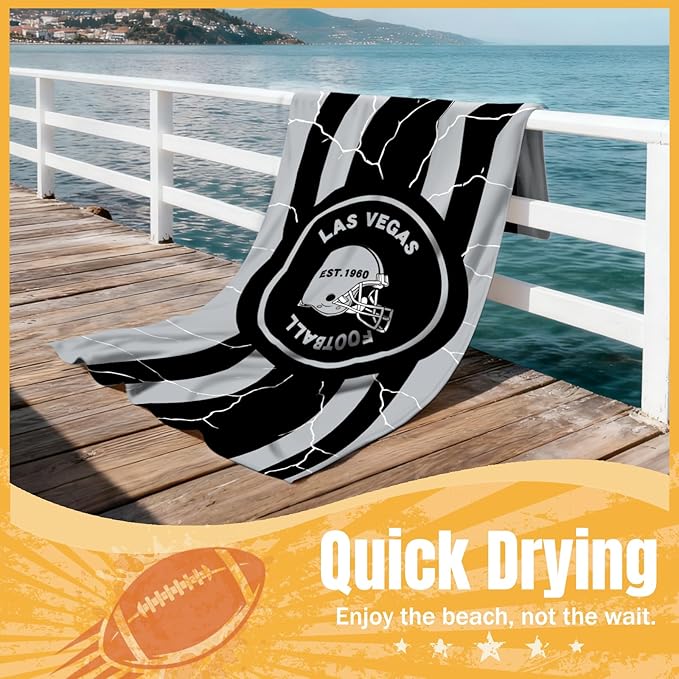 Football Fan Thin Lightweight Microfiber Beach Towel Las Vegas City Themed Large Absorbent Oversized Towels Men Women Stuff Raiders Team Dad Husband Guy Him Birthday Anniversary Cool Useful Nice Gift
