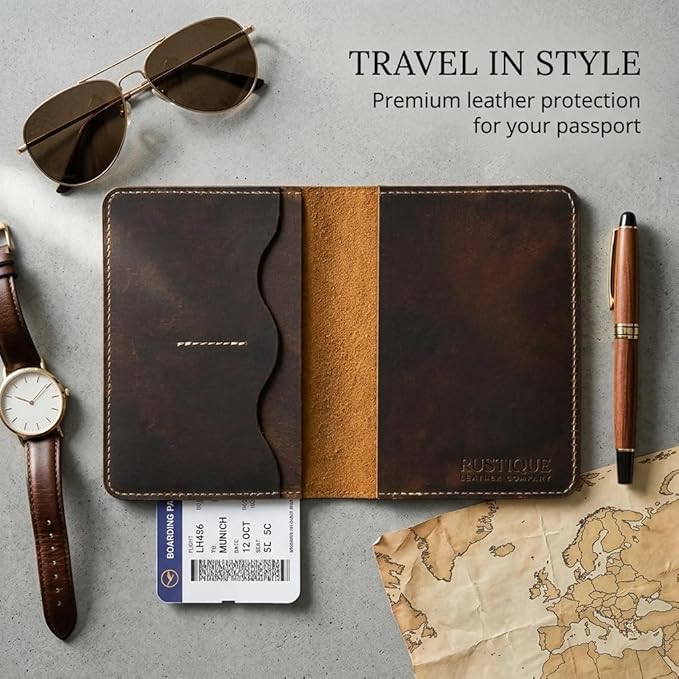 Rustique Leather Passport Holder Collection - Handmade Travel Wallet & Organizer - Full Grain Crazy Horse Leather Covers for Men & Women (Multiple Styles) (Wavy Pocket Wallet - Tobacco & Honey)