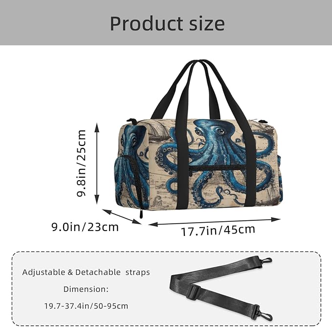 Sports Gym Bag Blue Octopus Vintage Marine Ship Travel Duffel Bag With Shoe Compartment Shoulder Strap, Lightweight Water-Resistant Weekend Overnight Totes For Women Men