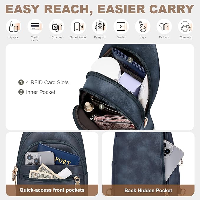 Anti Theft Crossbody Bags for Women, RFID Sling Bag Travel Purse, RFID Cross Body Purses Chest Bag for Travel Navy Blue